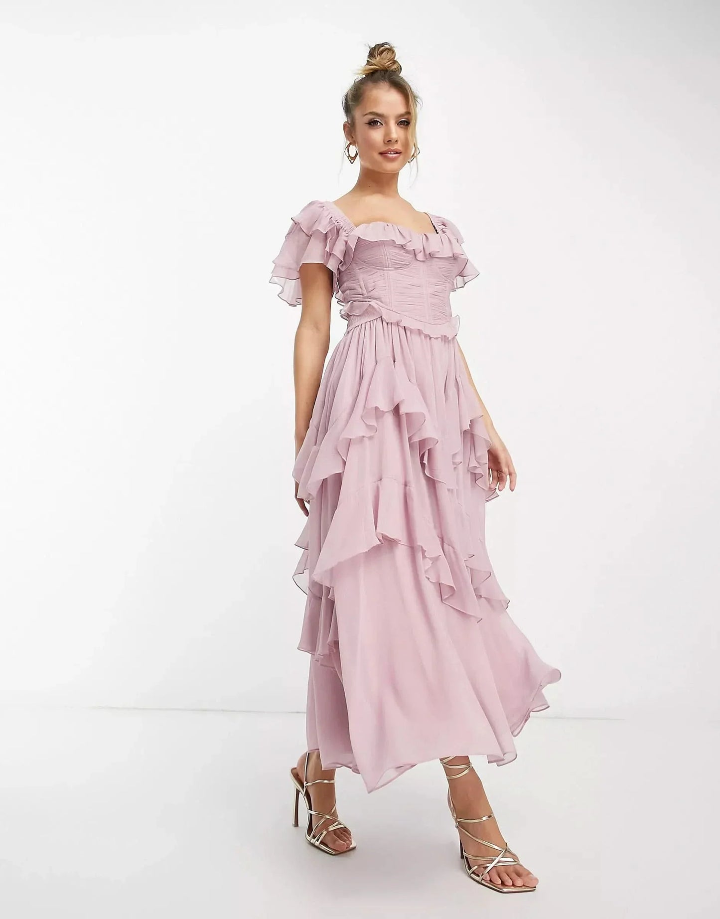 Women's Wedding Guest Ruffle Square Neck Midi Dress