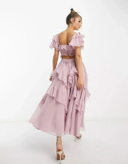 Women's Wedding Guest Ruffle Square Neck Midi Dress