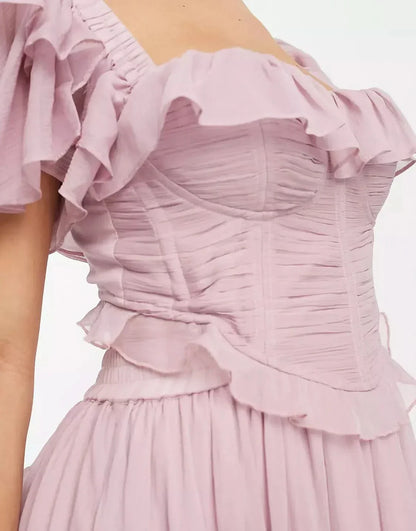 Women's Wedding Guest Ruffle Square Neck Midi Dress
