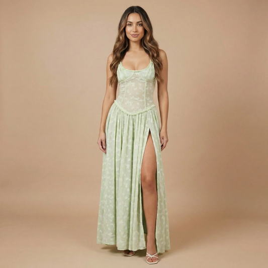Women's Wedding Guest Floral Scoop Neck Maxi Dress