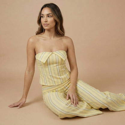 Women's Striped Strapless Top and High Waisted Pants Set