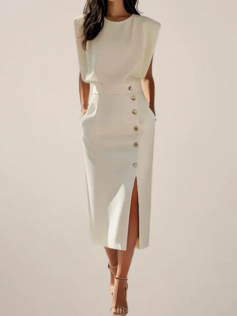 Women's Cocktail Sleeveless Button Detail Midi Dress
