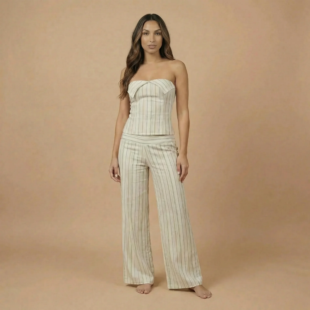 Women's Striped Strapless Top and High Waisted Pants Set