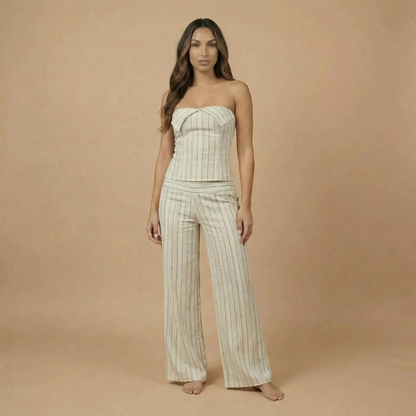 Women's Striped Strapless Top and High Waisted Pants Set