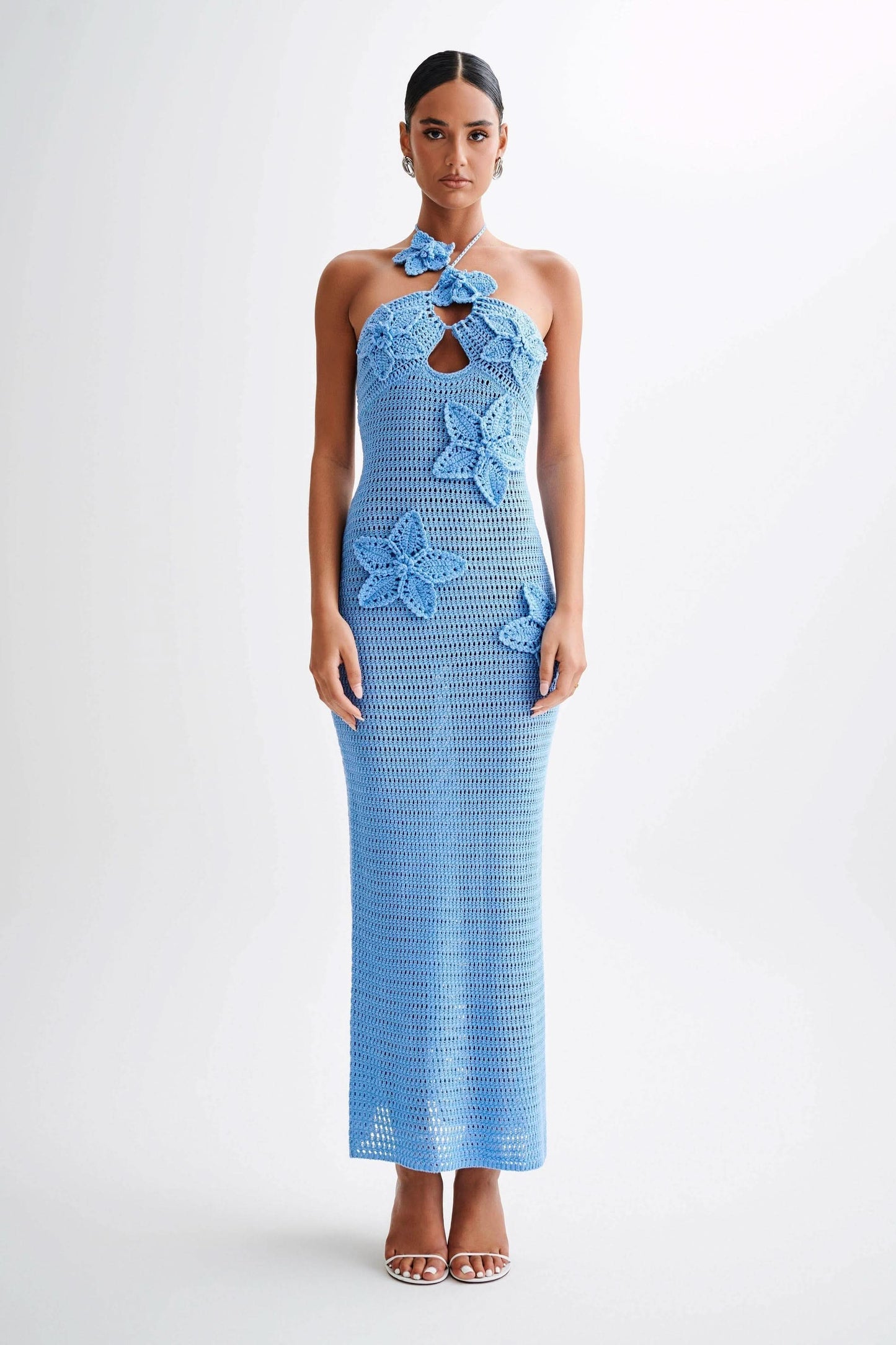 Women's Vacation Crochet Halter Maxi Dress with Floral Applique