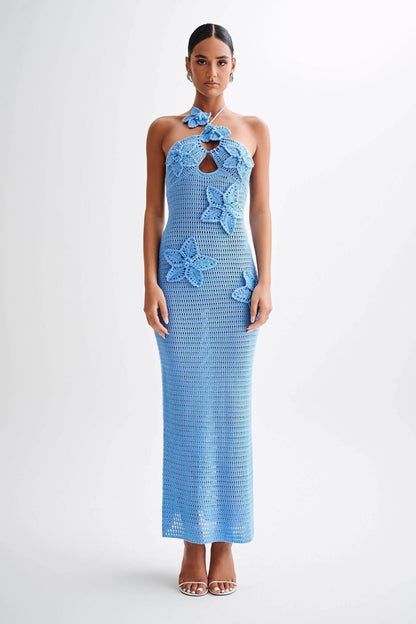 Women's Vacation Crochet Halter Maxi Dress with Floral Applique