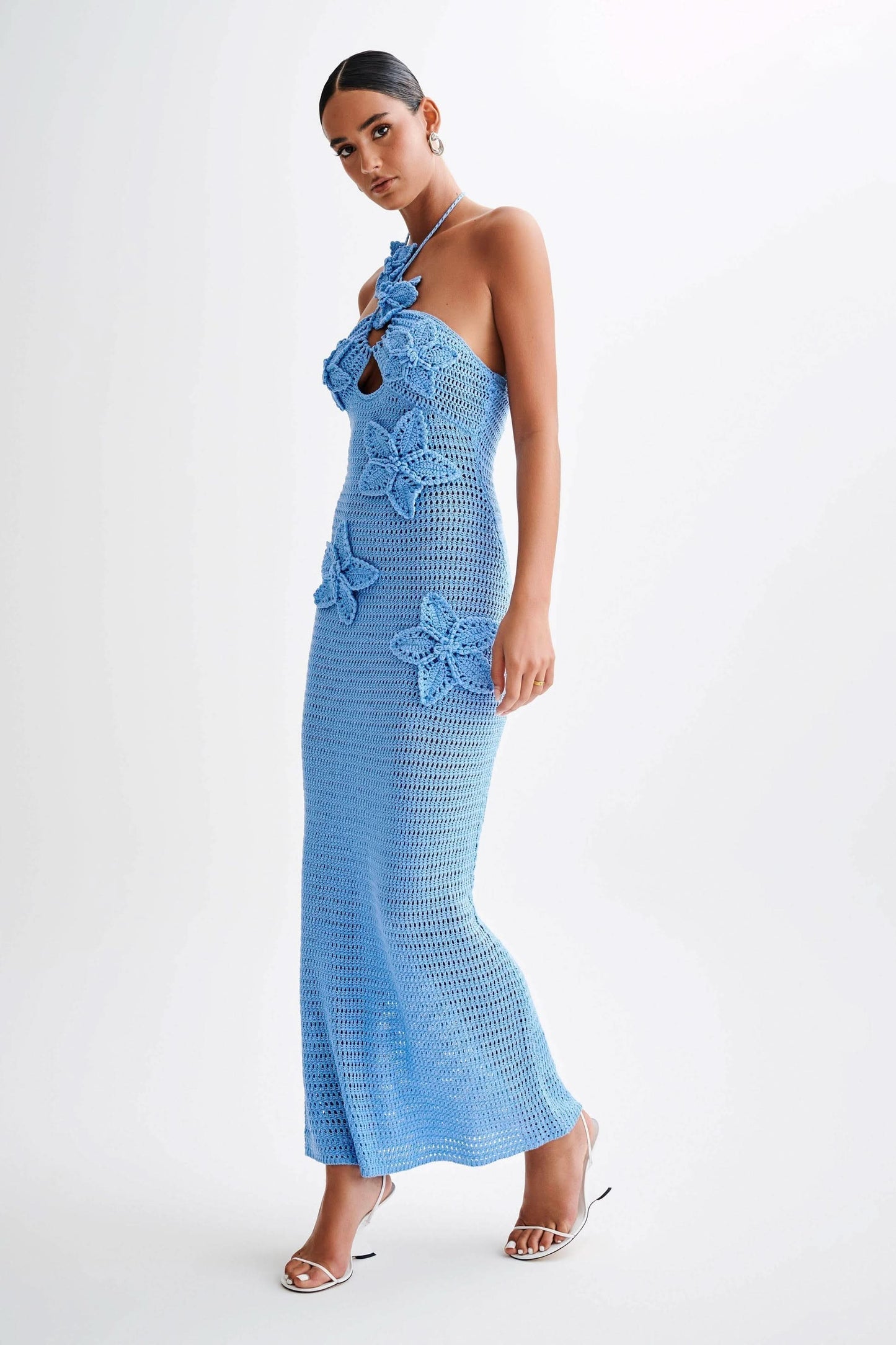 Women's Vacation Crochet Halter Maxi Dress with Floral Applique