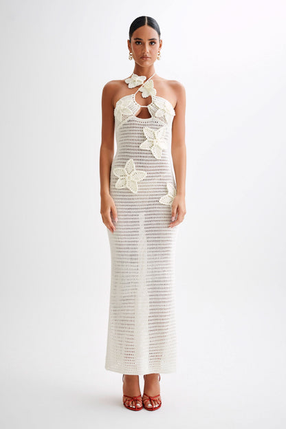 Women's Vacation Crochet Halter Maxi Dress with Floral Applique