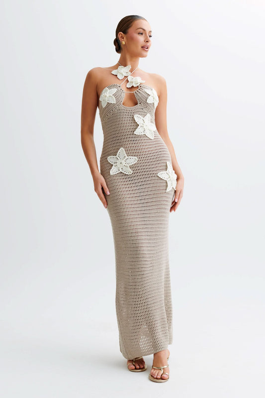 Women's Vacation Crochet Halter Maxi Dress with Floral Applique