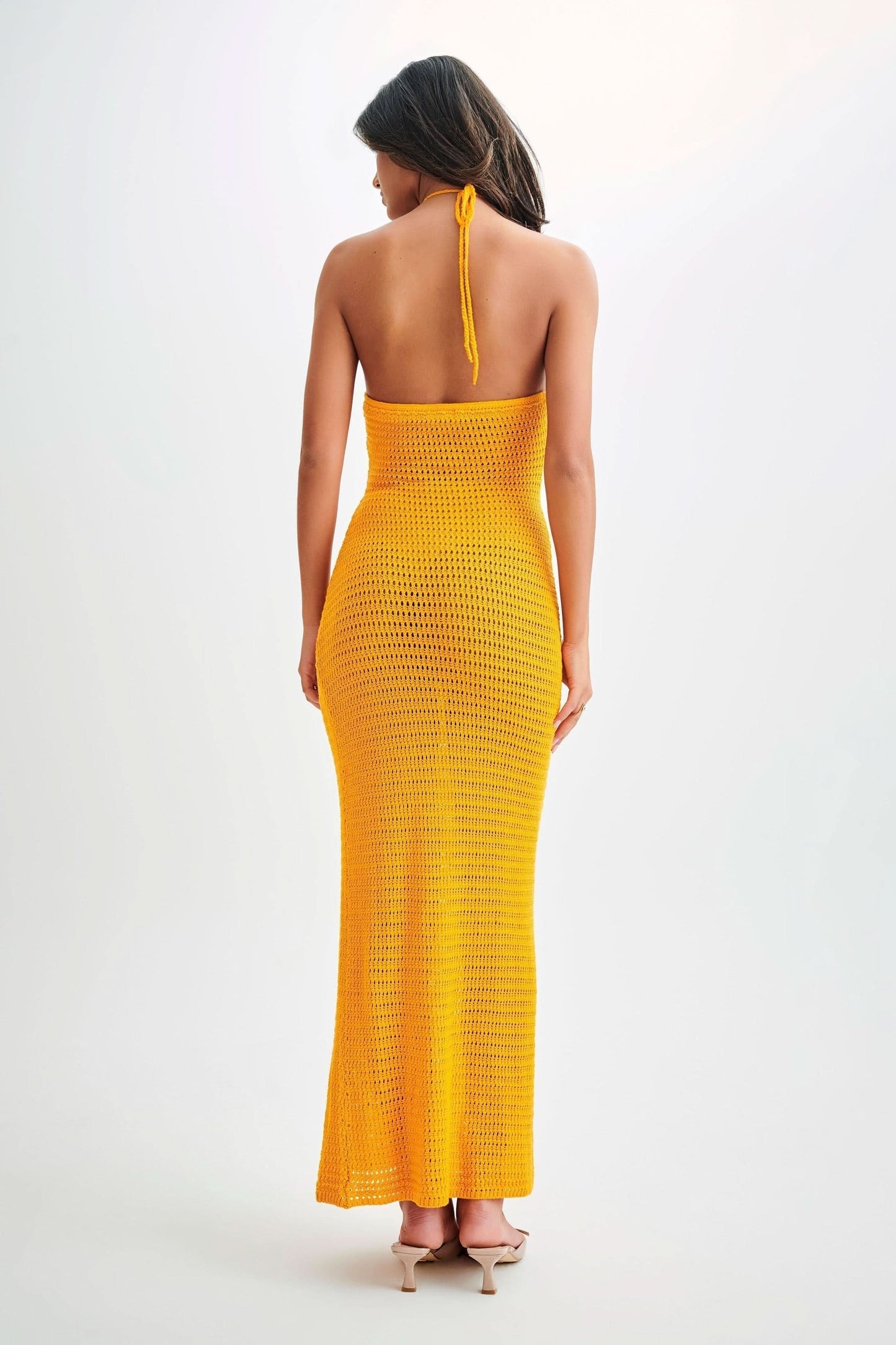 Women's Vacation Crochet Halter Maxi Dress with Floral Applique