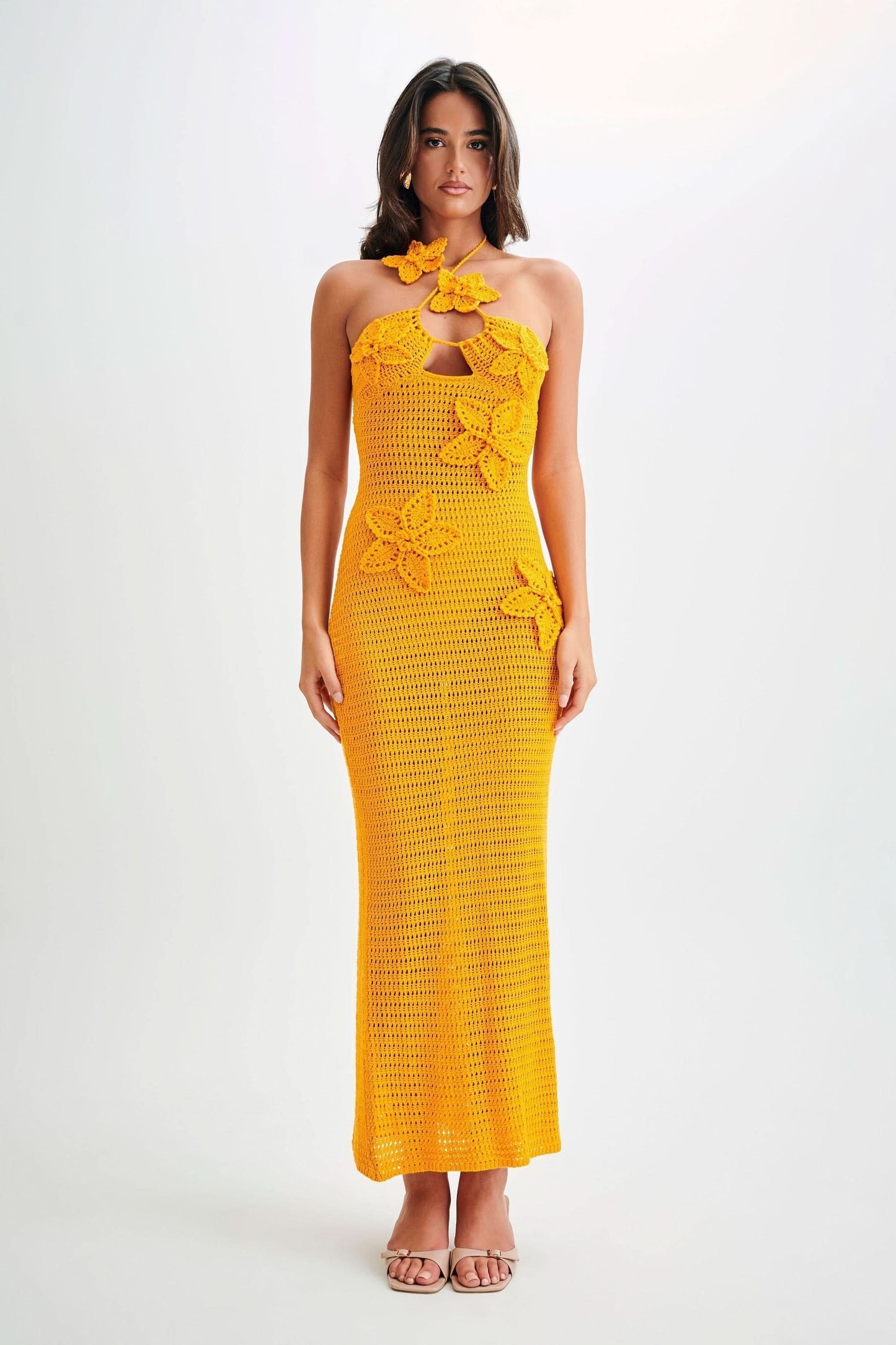 Women's Vacation Crochet Halter Maxi Dress with Floral Applique