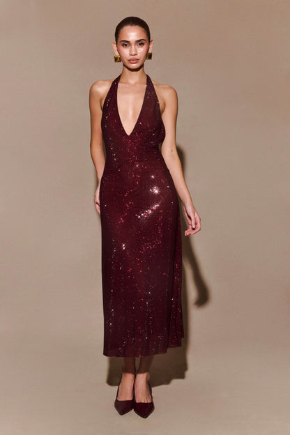 Women's Prom Halter Sequin Maxi Dress
