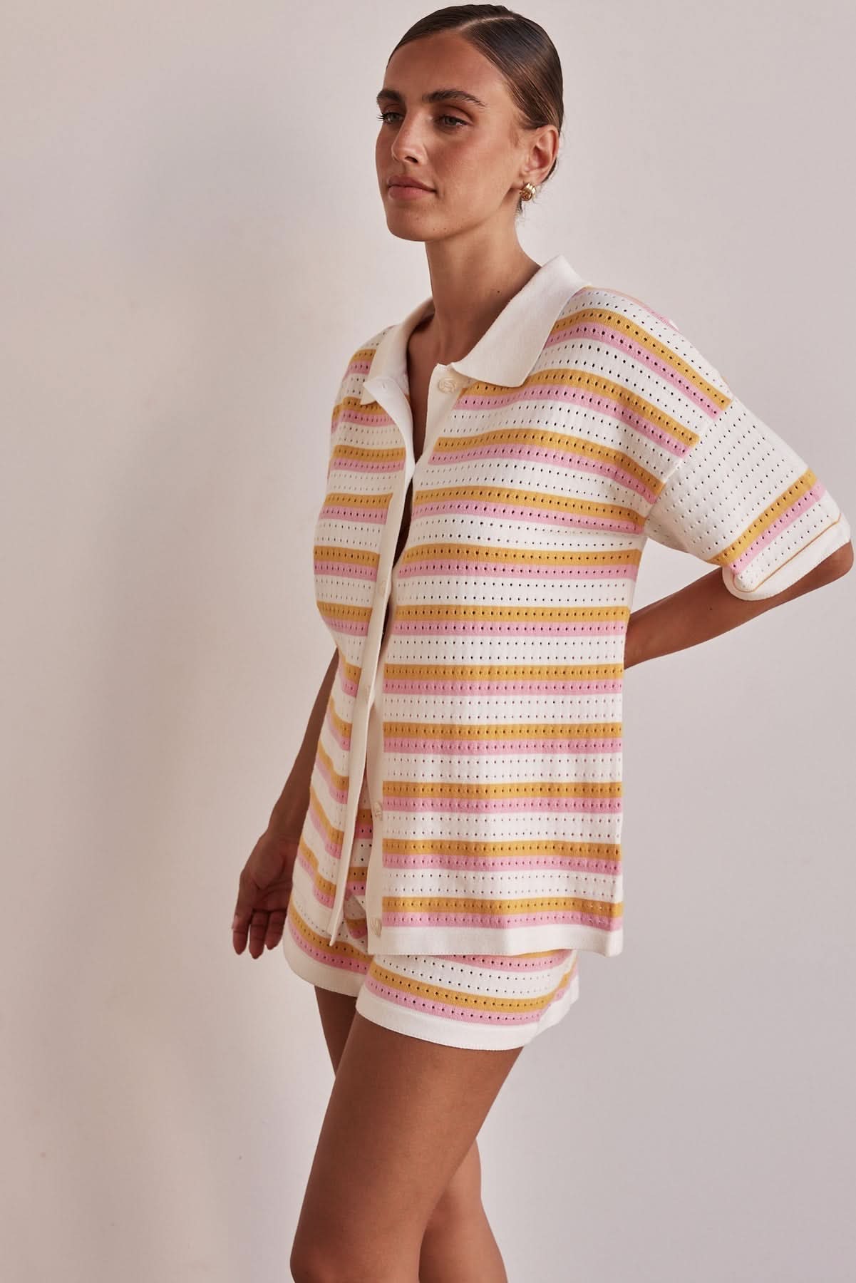 Women's Summer Striped Short Sleeve Knit Shorts Set