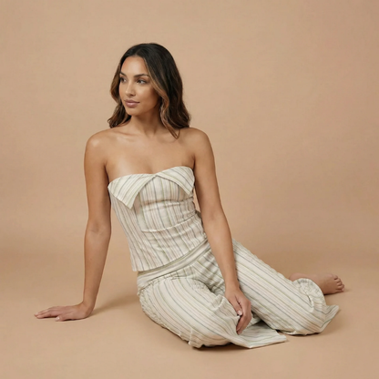 Women's Striped Strapless Top and High Waisted Pants Set
