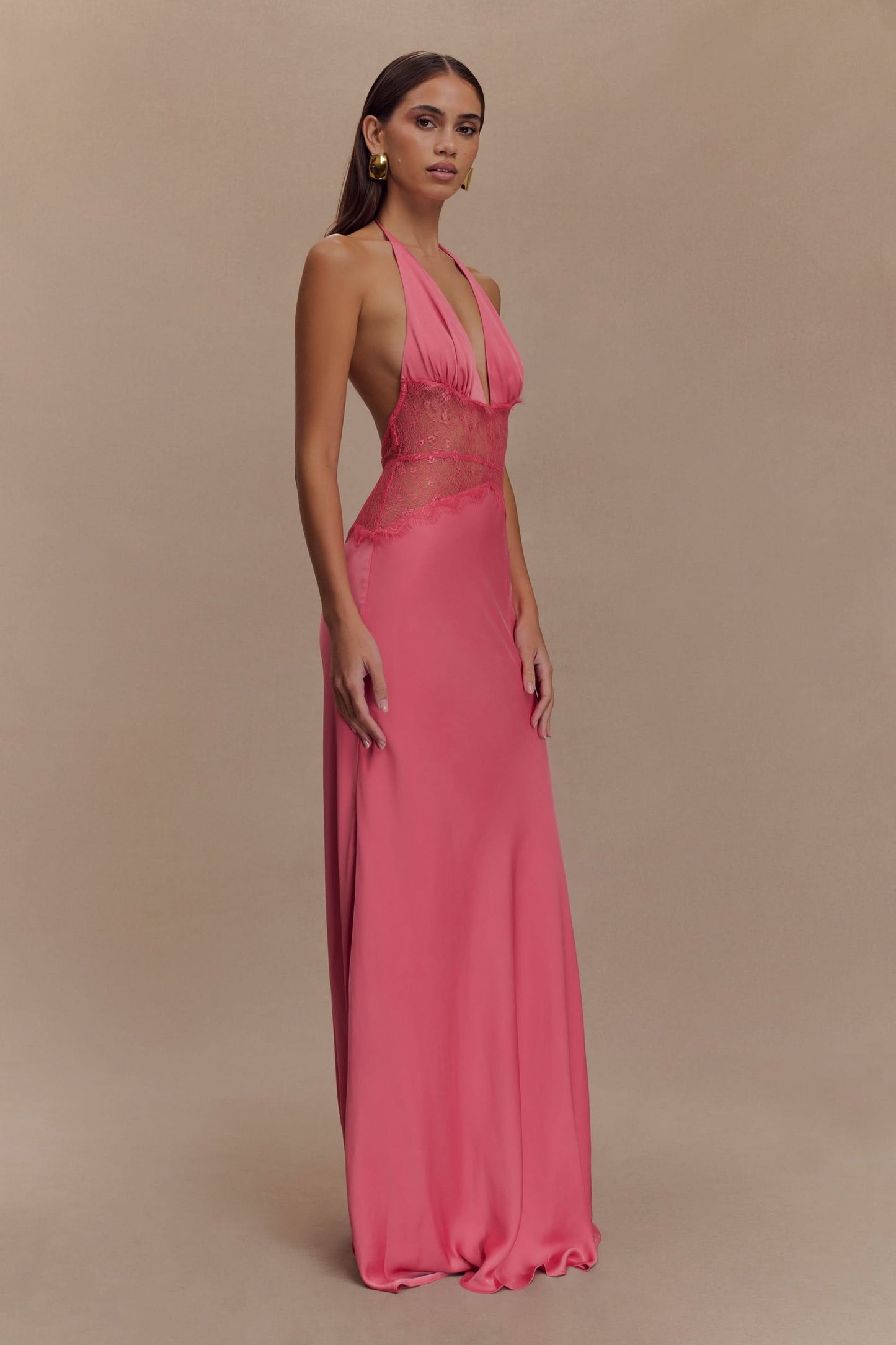 Women's Wedding Guest Lace Halter Maxi Dress