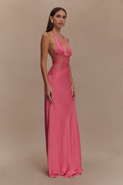 Women's Wedding Guest Lace Halter Maxi Dress