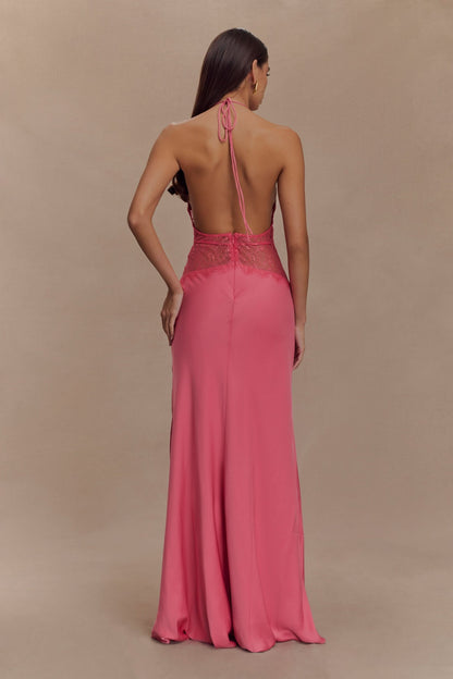 Women's Wedding Guest Lace Halter Maxi Dress