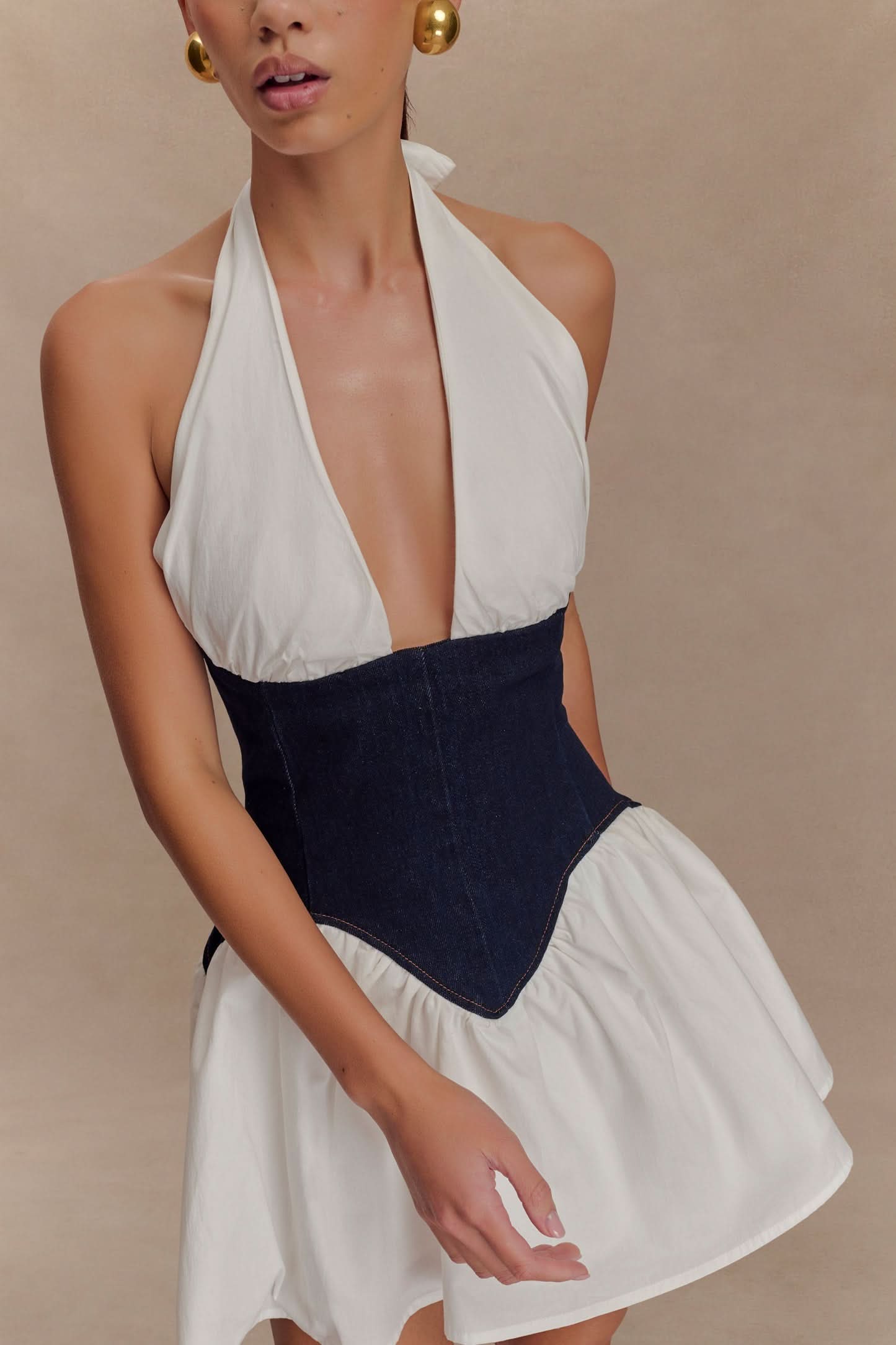 Women's Cocktail Halter Plunge Mini Dress With Corset Waist