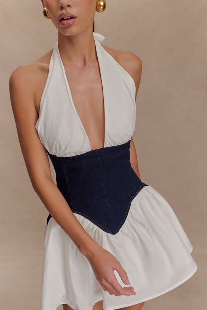 Women's Cocktail Halter Plunge Mini Dress With Corset Waist