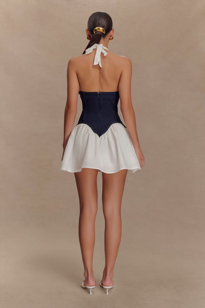 Women's Cocktail Halter Plunge Mini Dress With Corset Waist