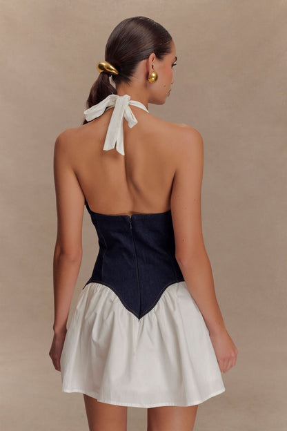 Women's Cocktail Halter Plunge Mini Dress With Corset Waist