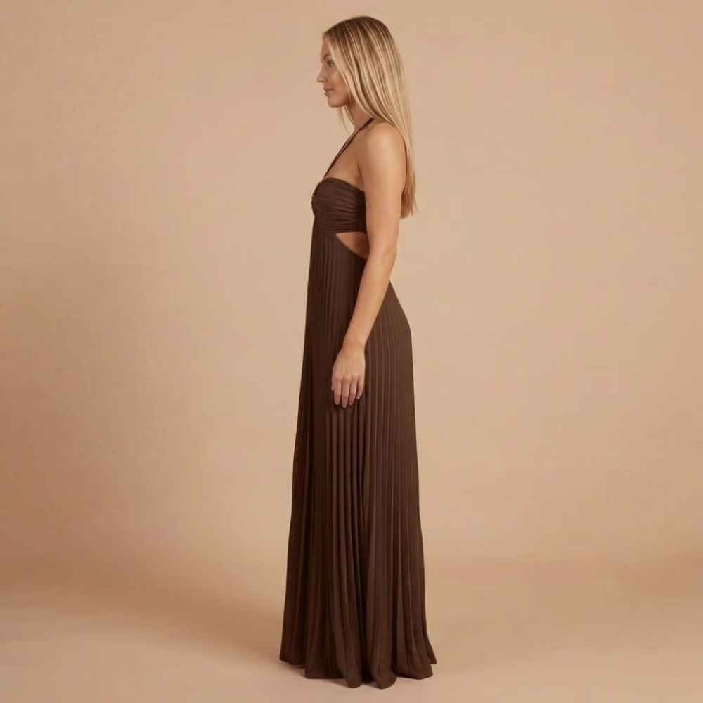 Women's Wedding Guest Pleated Halter Maxi Dress
