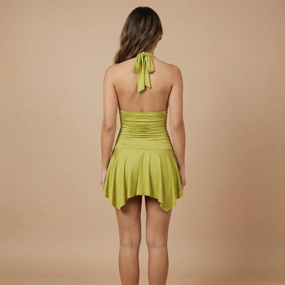 Women's Cocktail Halter Ruched Mini Dress with Gold Rings