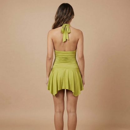 Women's Cocktail Halter Ruched Mini Dress with Gold Rings