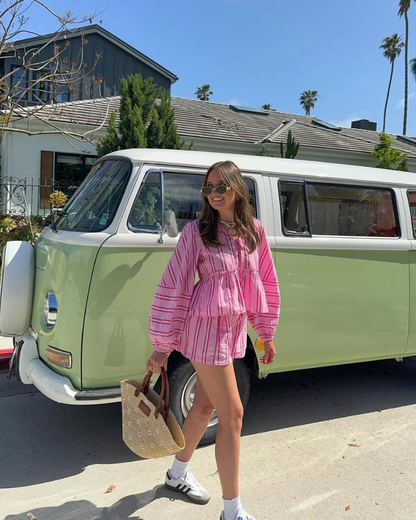 Women's Summer Striped Long Sleeve Shorts Set