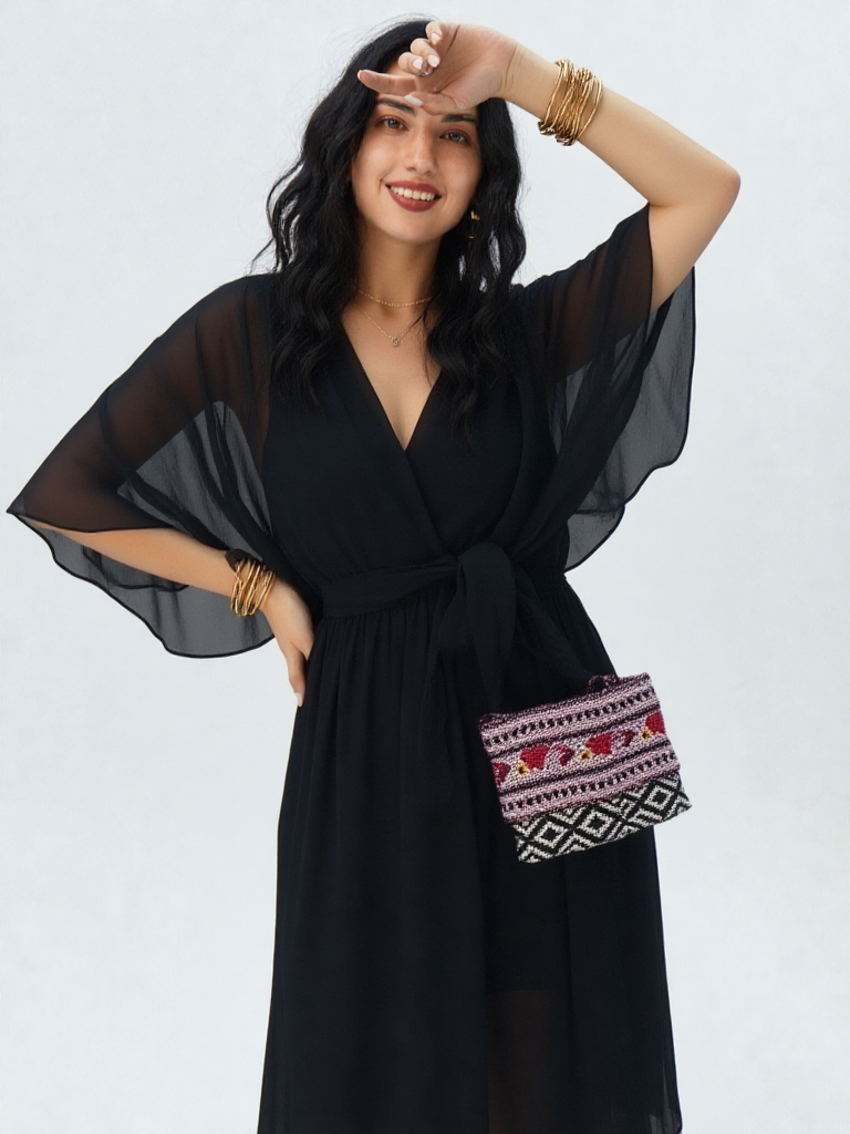 Elegancka sukienka midi z wiązaniem w talii