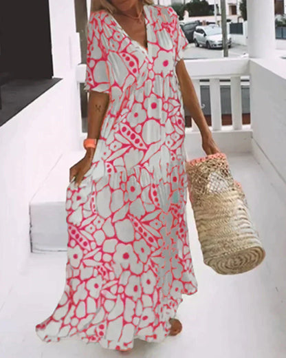 Women's Summer Floral V Neck Flutter Sleeve Maxi Dress