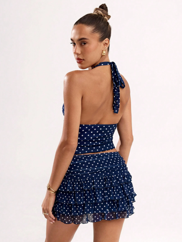 Women's Summer Polka Dot Halter Mini Skirt Set