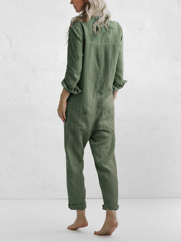 Women's Casual Long Sleeve Button Front Jumpsuit