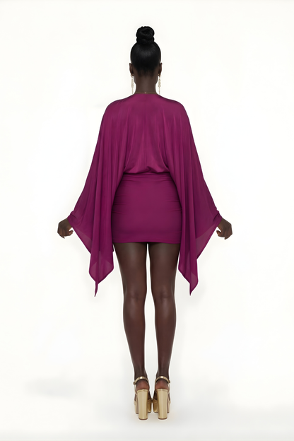 Women's Cocktail Mini Draped Cowl Neck Batwing Dress