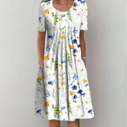 Women's Summer Floral Scoop Neck Midi Dress With Pockets