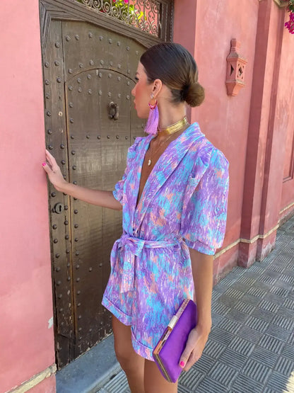 Women's Summer Printed V Neck Puff Sleeve Romper