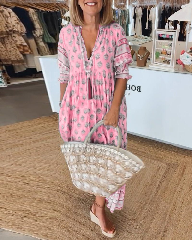 Women's Summer Floral V Neck Maxi Dress with Tassel Tie