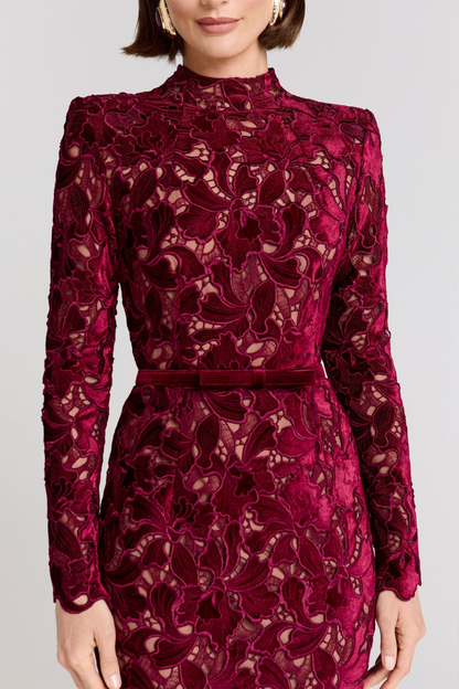 Women's Wedding Guest Lace Long Sleeve Midi Dress