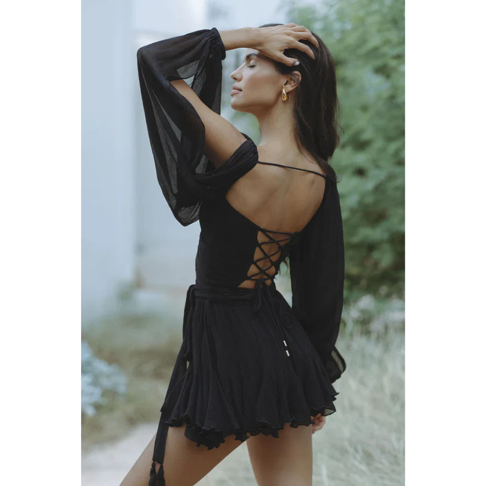 Women's Cocktail V Neck Mini Dress With Sheer Long Sleeves