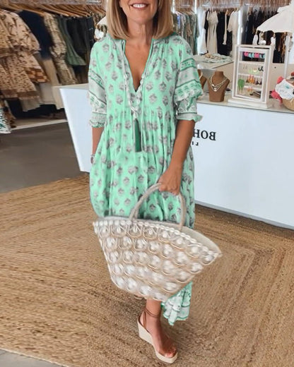 Women's Summer Floral V Neck Maxi Dress with Tassel Tie
