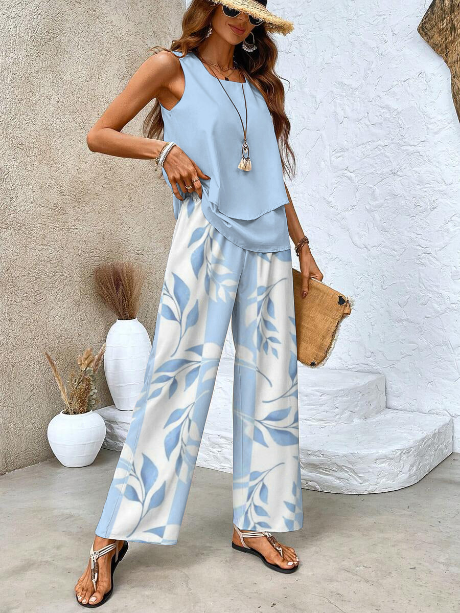 Women's Vacation Sleeveless Blouse and Wide Leg Pants Set