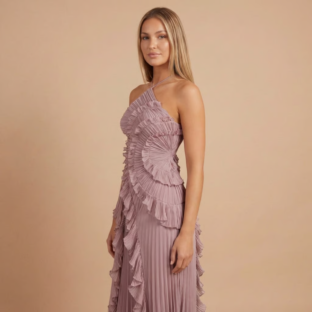 Women's Wedding Guest Halter Ruffle Maxi Dress