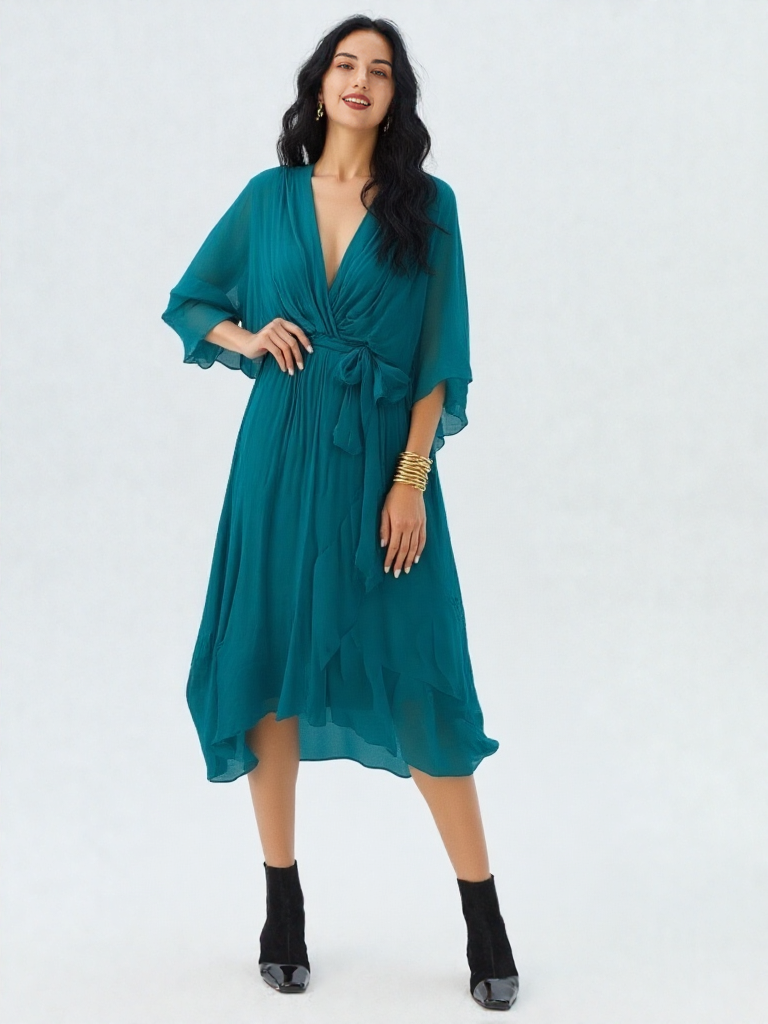 Elegancka sukienka midi z wiązaniem w talii