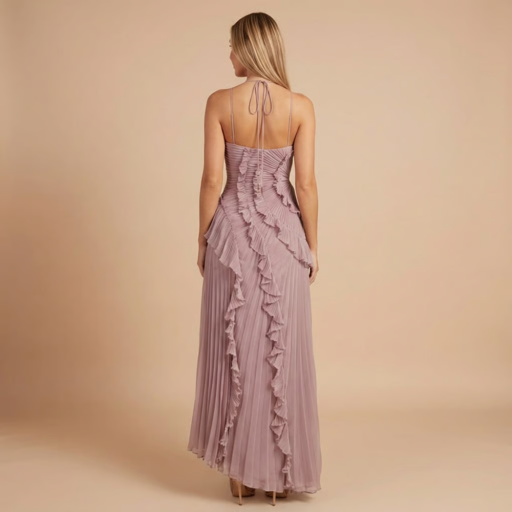 Women's Wedding Guest Halter Ruffle Maxi Dress