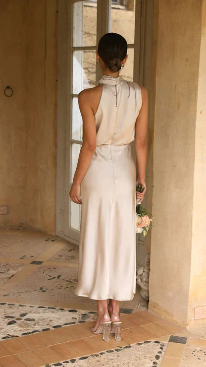 Women's Wedding Guest Halter Neck Satin Midi Dress