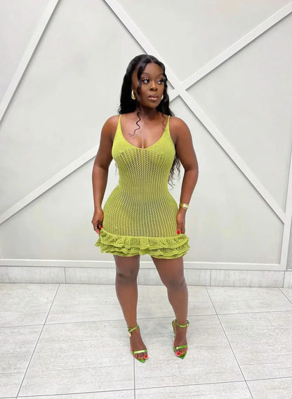 Women's Summer Crochet Scoop Neck Ruffle Mini Dress