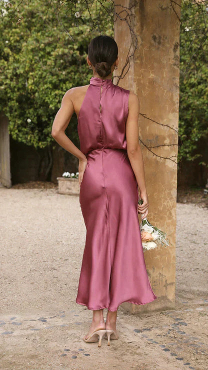 Women's Wedding Guest Halter Neck Satin Midi Dress