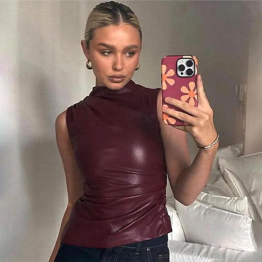 Women's Mock Neck Sleeveless Ruched Faux Leather Top