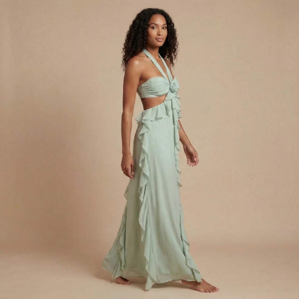 Women's Wedding Guest Ruffle Sweetheart Maxi Dress