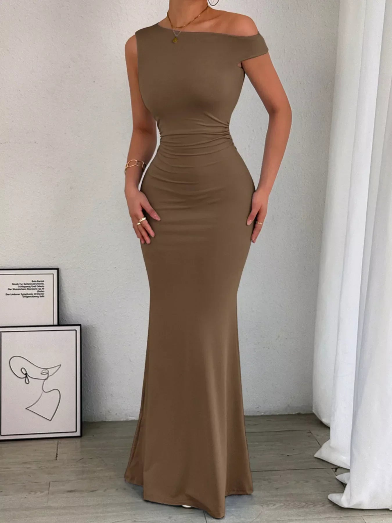 Women's Cocktail One Shoulder Ruched Bodycon Maxi Dress